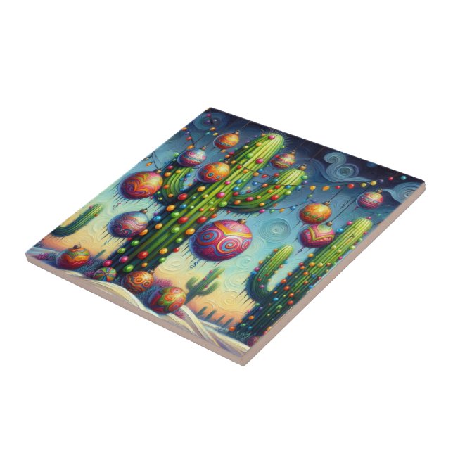 Azulejo De Cerâmica Natal no Deserto Sudoeste Saguaro Cactus (Lateral)