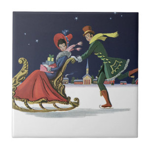 Azulejo De Cerâmica Natal vintage, casal no patinagem no gelo do amor