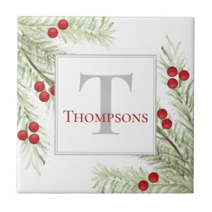 Azulejo De Cerâmica Natal Watercolor Holly Berries Pine Greenery