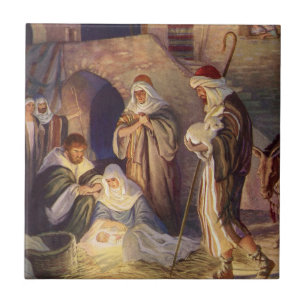 Azulejo De Cerâmica Natividade de Natal Vintage, 3 Pastores e Jesus