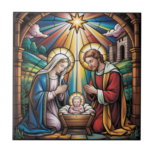 Azulejo De Cerâmica Nativity Stained Glass Art – Holy Family Christmas (Frente)