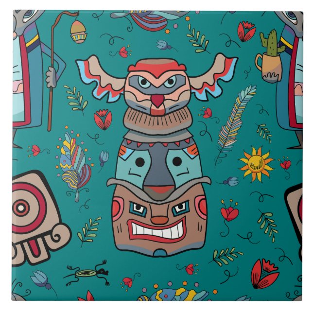 Azulejo De Cerâmica Nativo Americano Totem Dark Teal (Frente)