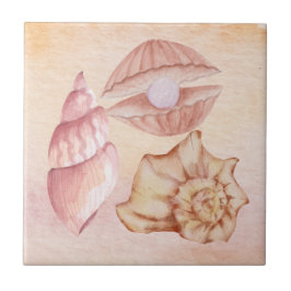 Azulejo De Cerâmica Nautical watercolor Seashells pink painting art