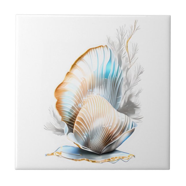 Azulejo De Cerâmica Nautilus clam seashell iridescente praia 3D (Frente)