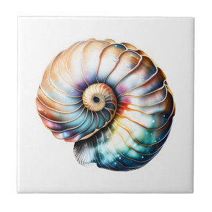 Azulejo De Cerâmica Nautilus seashell iridescente 3D praia mar náutico