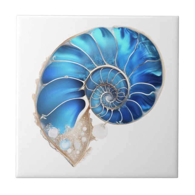 Azulejo De Cerâmica Nautilus seashell oceano azul 3D shimmer Beach (Frente)