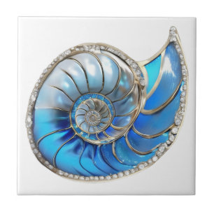 Azulejo De Cerâmica Nautilus seashell oceano azul trombador de diamant
