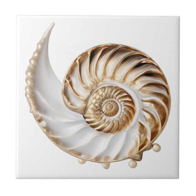Azulejo De Cerâmica Nautilus shell 3D ouro pérola luster oceânico náut (Frente)