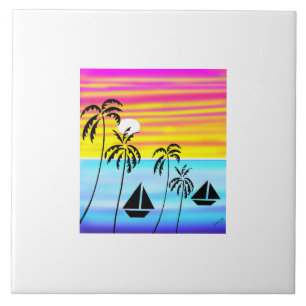 Azulejo De Cerâmica Navegação no Oceano Sunset Incrível e Colorida