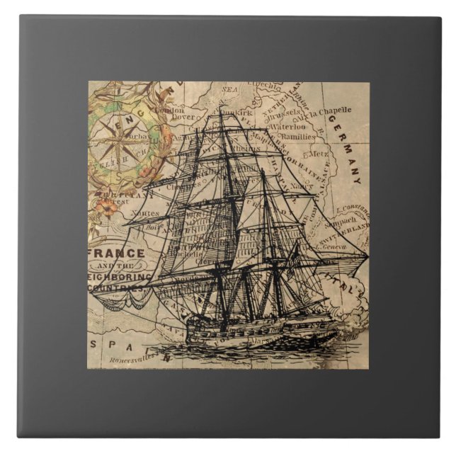 Azulejo De Cerâmica Navio Antigo e Mapa (Frente)