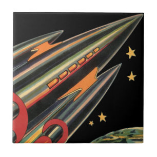 Azulejo De Cerâmica Navio de Rocket da ficção científica do vintage