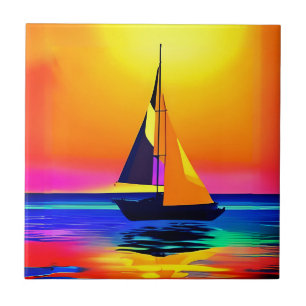 Azulejo De Cerâmica Navio de vela contra um pôr do sol do oceano vibra