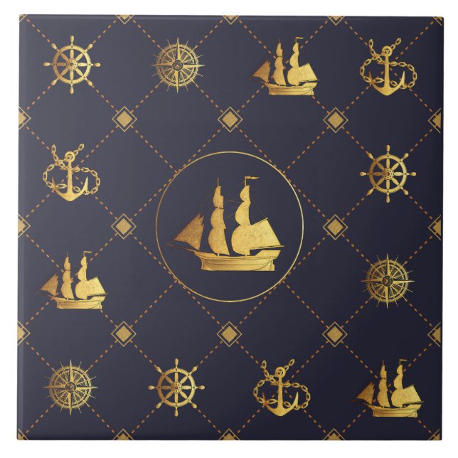 Azulejo De Cerâmica Navio de vela Dourada (Frente)