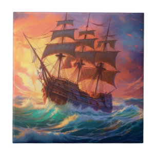 Azulejo De Cerâmica Navio De Velas Em Um Mar Tempestade
