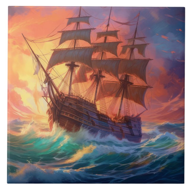 Azulejo De Cerâmica Navio De Velas Em Um Mar Tempestade (Frente)