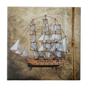Azulejo De Cerâmica Navio denominado vintage com nó da corda