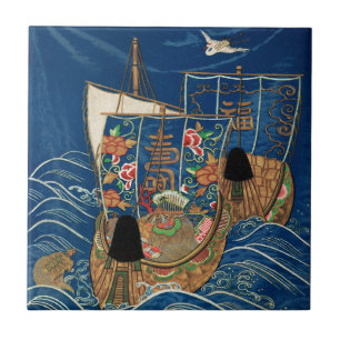 Azulejo De Cerâmica Navio do Tesouro da Sorte Japonês Vintage G.A. Aud