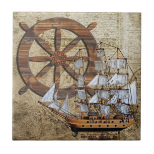 Azulejo De Cerâmica Navio e leme do vintage