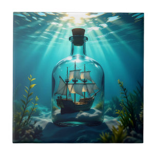 Azulejo De Cerâmica Navio em uma garrafa no oceano