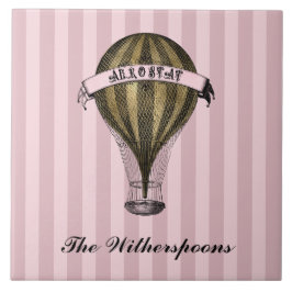 Azulejo De Cerâmica Navio Steampunk em Monograma de Stripes Rosa Vinta