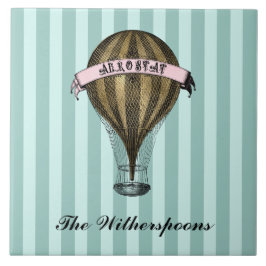 Azulejo De Cerâmica Navio Steampunk Vintage Green Stripes Monograma