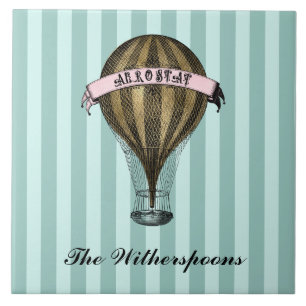 Azulejo De Cerâmica Navio Steampunk Vintage Green Stripes Monograma