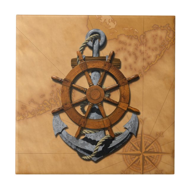 Azulejo De Cerâmica Navios náuticos roda e âncora (Frente)