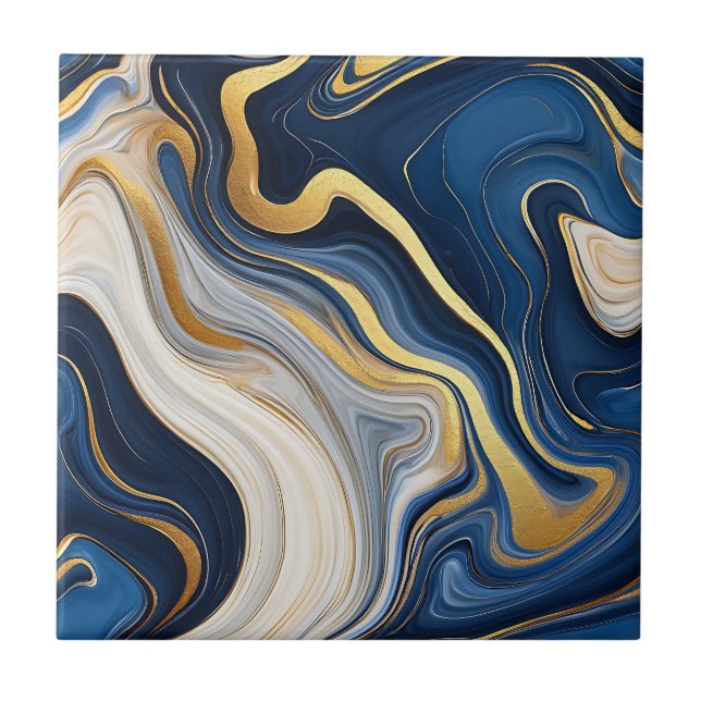 Azulejo De Cerâmica Navy Blue Gold Marble Swirls (Frente)