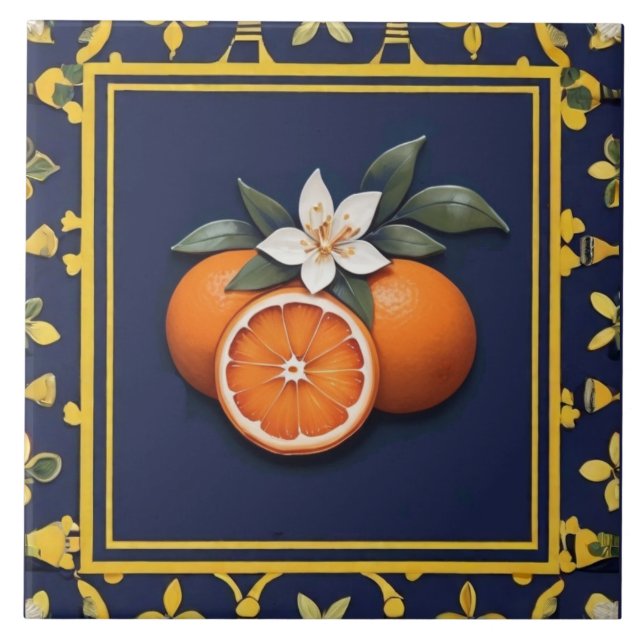 Azulejo De Cerâmica Navy Blue & Gold Oranges Mediterranean Fruit (Frente)
