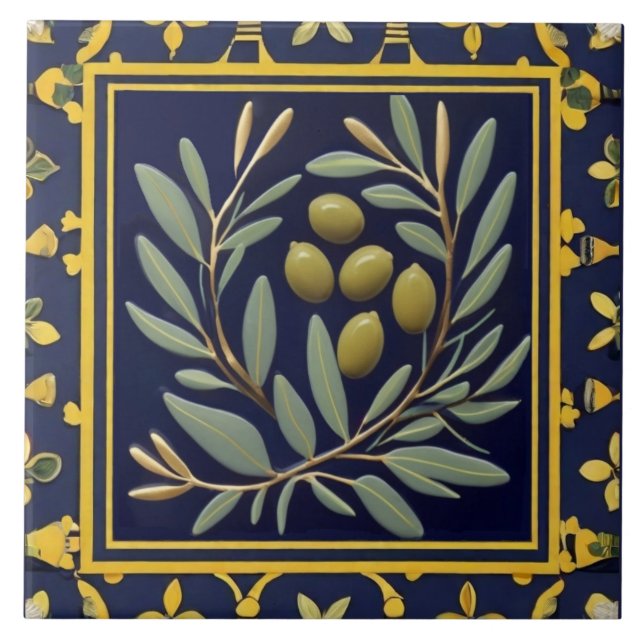 Azulejo De Cerâmica Navy Blue Green Olives Mediterranean Olive Branch (Frente)