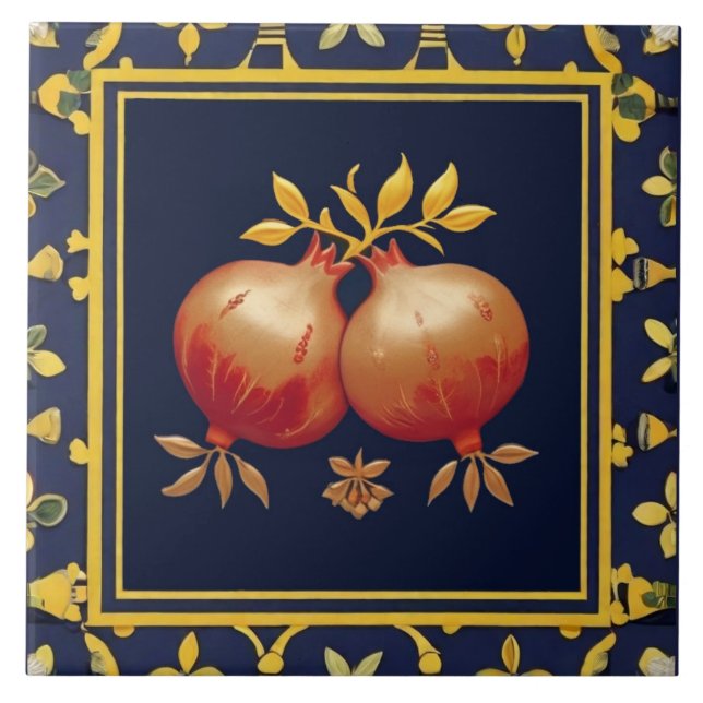 Azulejo De Cerâmica Navy Blue Pomegranates Mediterranean Pomegranate (Frente)