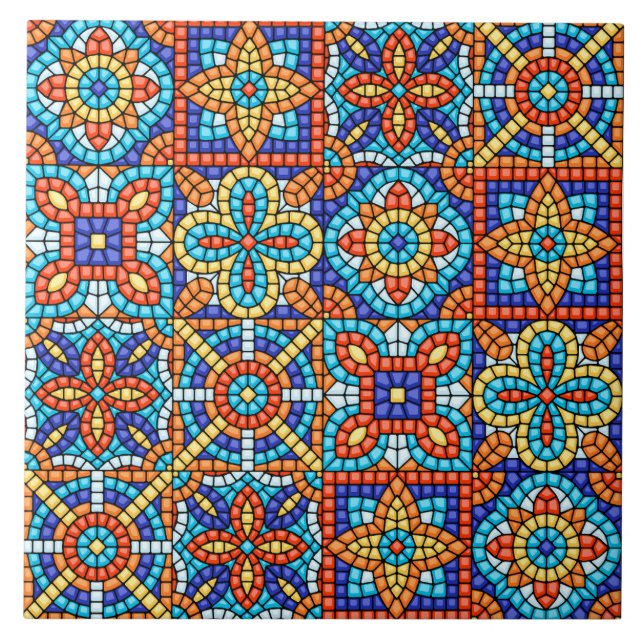 Azulejo De Cerâmica Navy Blue Teal White Red Marble Moroccan Mosaic  (Frente)