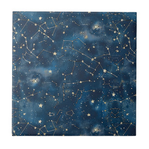 Azulejo De Cerâmica Nebulosa de Estrelas Cósmicas Douradas em Azul Tea