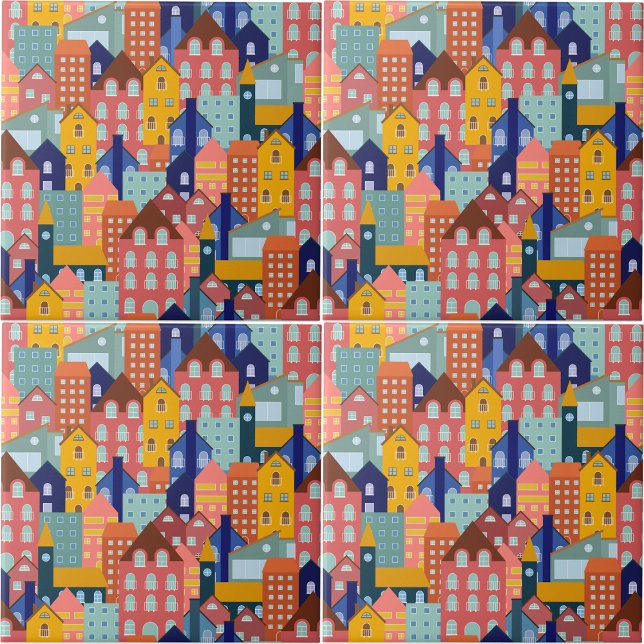 Azulejo De Cerâmica Neighborhood Block City Houses Pattern (Neighborhood Block City Houses Pattern Ceramic Tile)