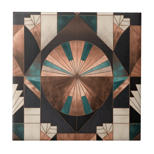 Azulejo De Cerâmica Neo Art Deco Geometric Teal Copper Gold Sunburst (Frente)