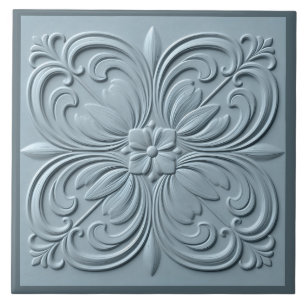 Azulejo De Cerâmica Neo Classical Floral Blue Cinza Faux Alivio