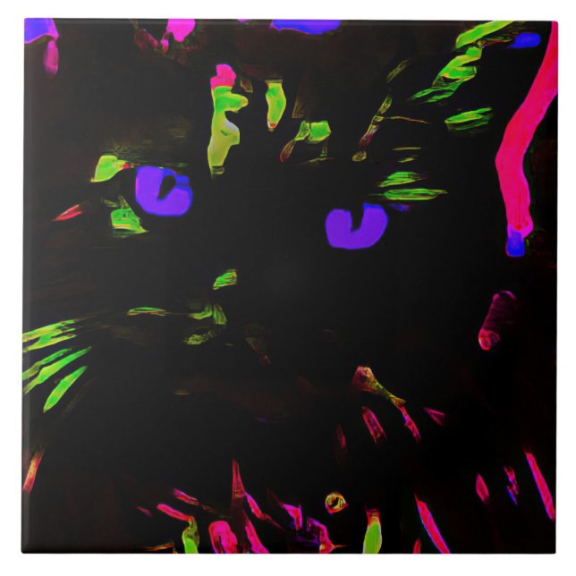 Azulejo De Cerâmica Neon Black Cat com olhos brilhantes (Frente)