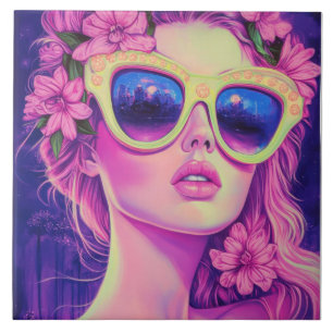 Azulejo De Cerâmica Neon Dream Girl com óculos de sol florais