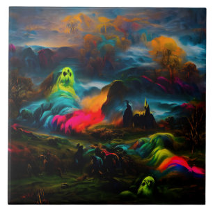 Azulejo De Cerâmica Neon Ghosts em uma paisagem fantasia assombrada