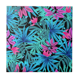 Azulejo De Cerâmica Neon Pink e Blue Tropical Plant Standard