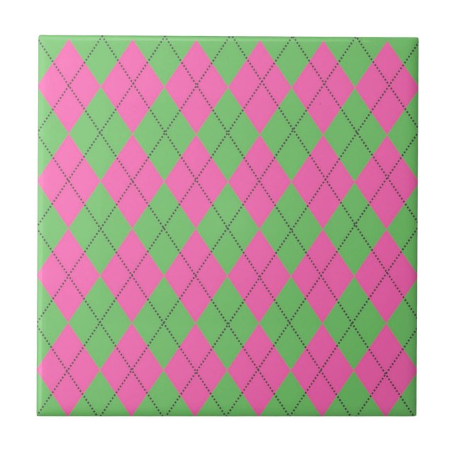 Azulejo De Cerâmica Neon Pink Green Argyle Diamond Patterno (Frente)