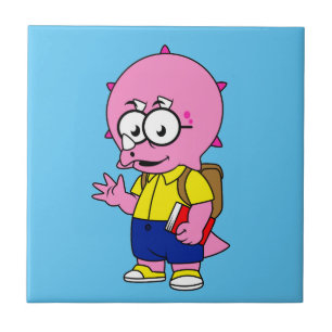 Azulejo De Cerâmica Nerd Tricerátops Com Mochila E Livro De Texto.