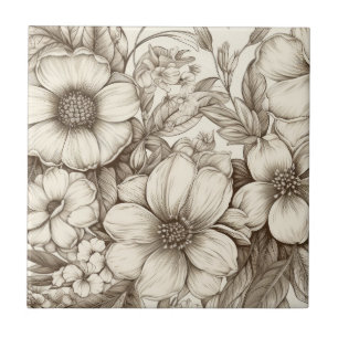 Azulejo De Cerâmica Neutro Floral Creme Botânico Sepia Fazenda