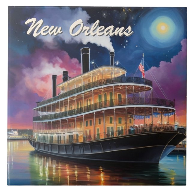 Azulejo De Cerâmica New Orleans Steamboat Riverboat Boat Night Cruise (Frente)