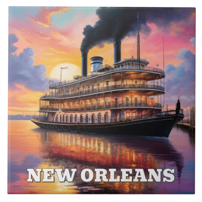 Azulejo De Cerâmica New Orleans Steamboat Riverboat Boat Sunset Cruise (Frente)