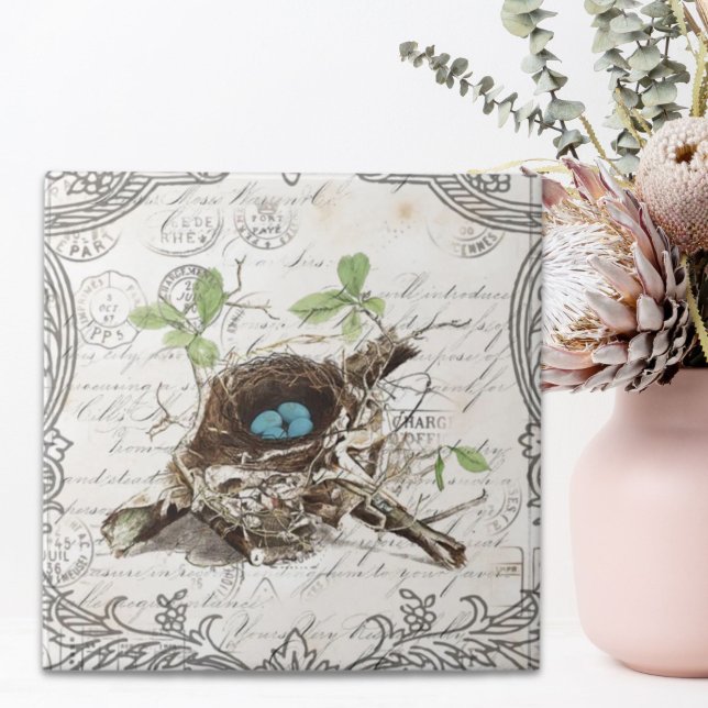 Azulejo De Cerâmica ninho botânico russo-chinês (rustic chic french country botanical bird nest tile)