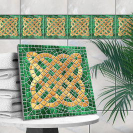 Azulejo De Cerâmica Nó celta do mosaico - mármore verde e ouro