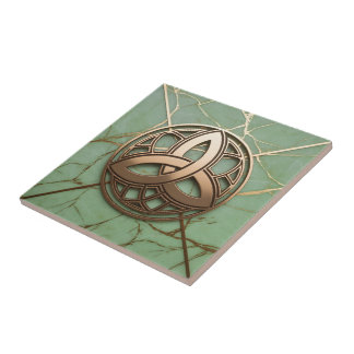 Azulejo De Cerâmica Nó da Trindade Celta em Veias Douradas de Mármore 