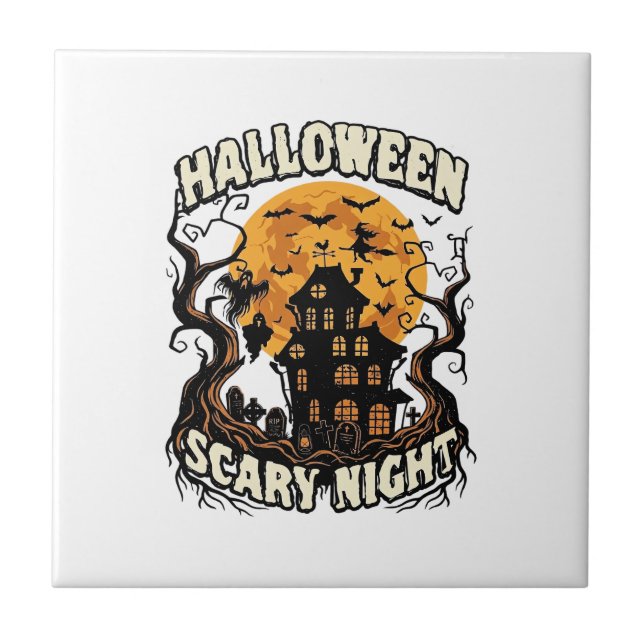 Azulejo De Cerâmica Noite Assustadora de Halloween Casa Assombrada Lua (Frente)