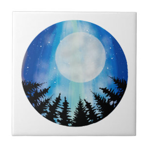 Azulejo De Cerâmica Noite Caprichosa Luar Floresta Céu Círculo Azul